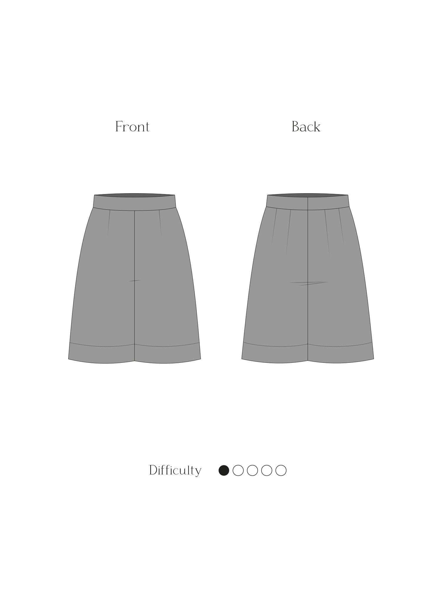 Technical drawing of the high-waisted shorts sewing pattern, featuring front and back views.