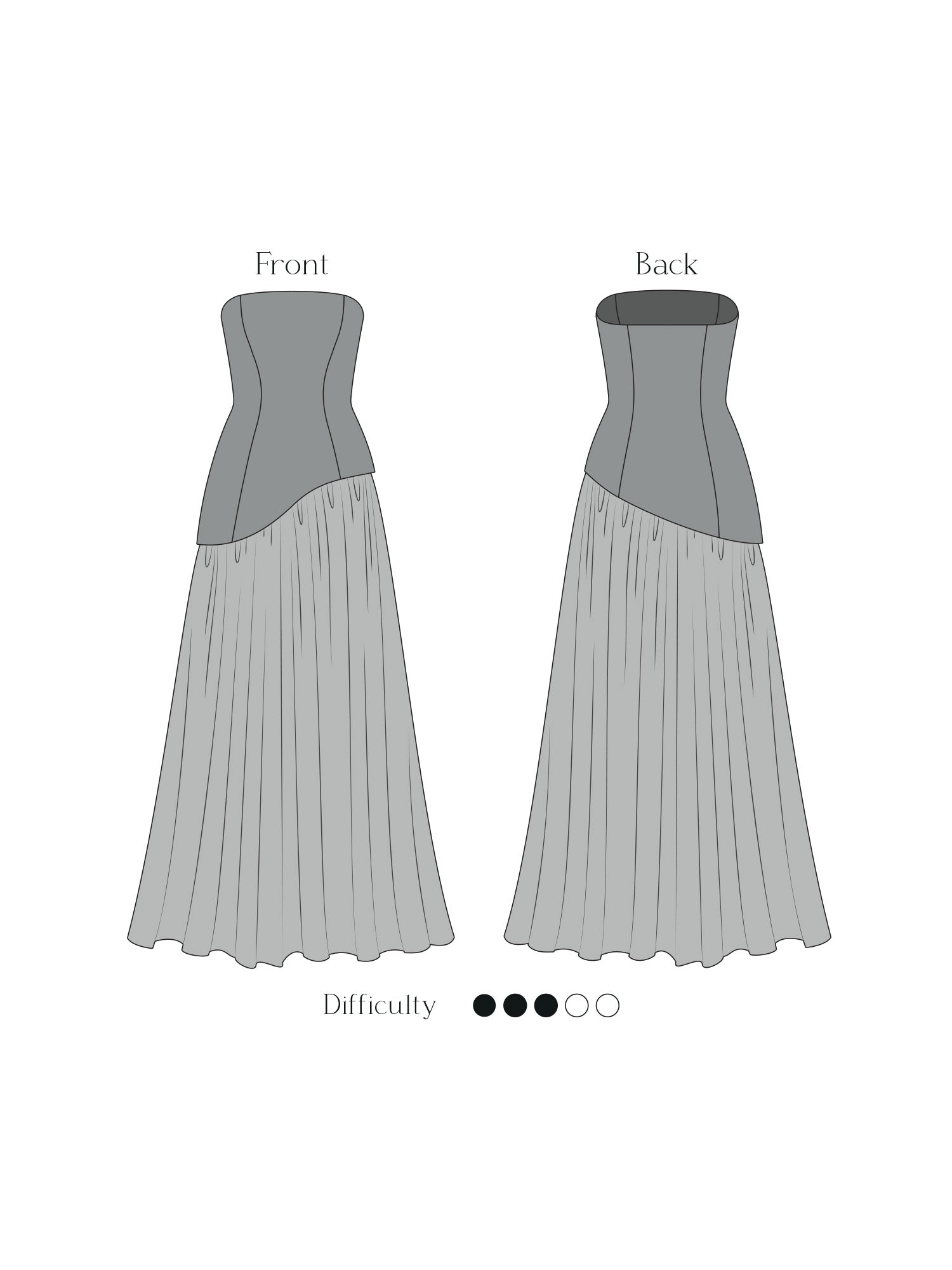 sewing pattern technical drawing front and back view. asymmetric corset bodice and floor-length gathered skirt