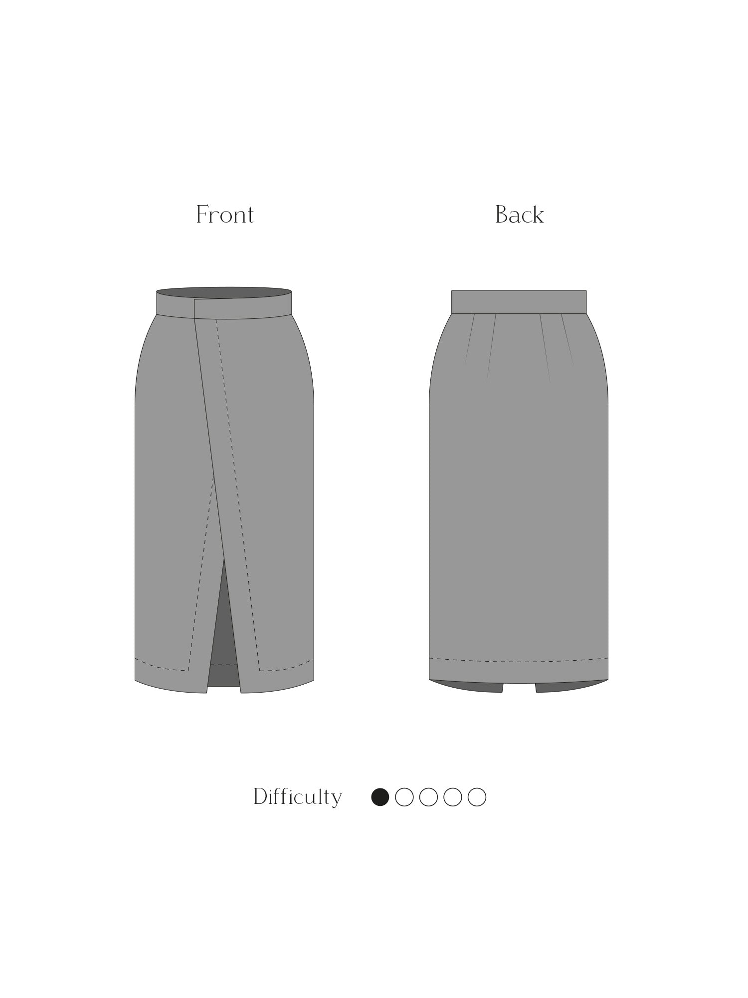 Technical drawing of the wrap skirt sewing pattern, showing the front and back design, including the midi length and wrap closure.