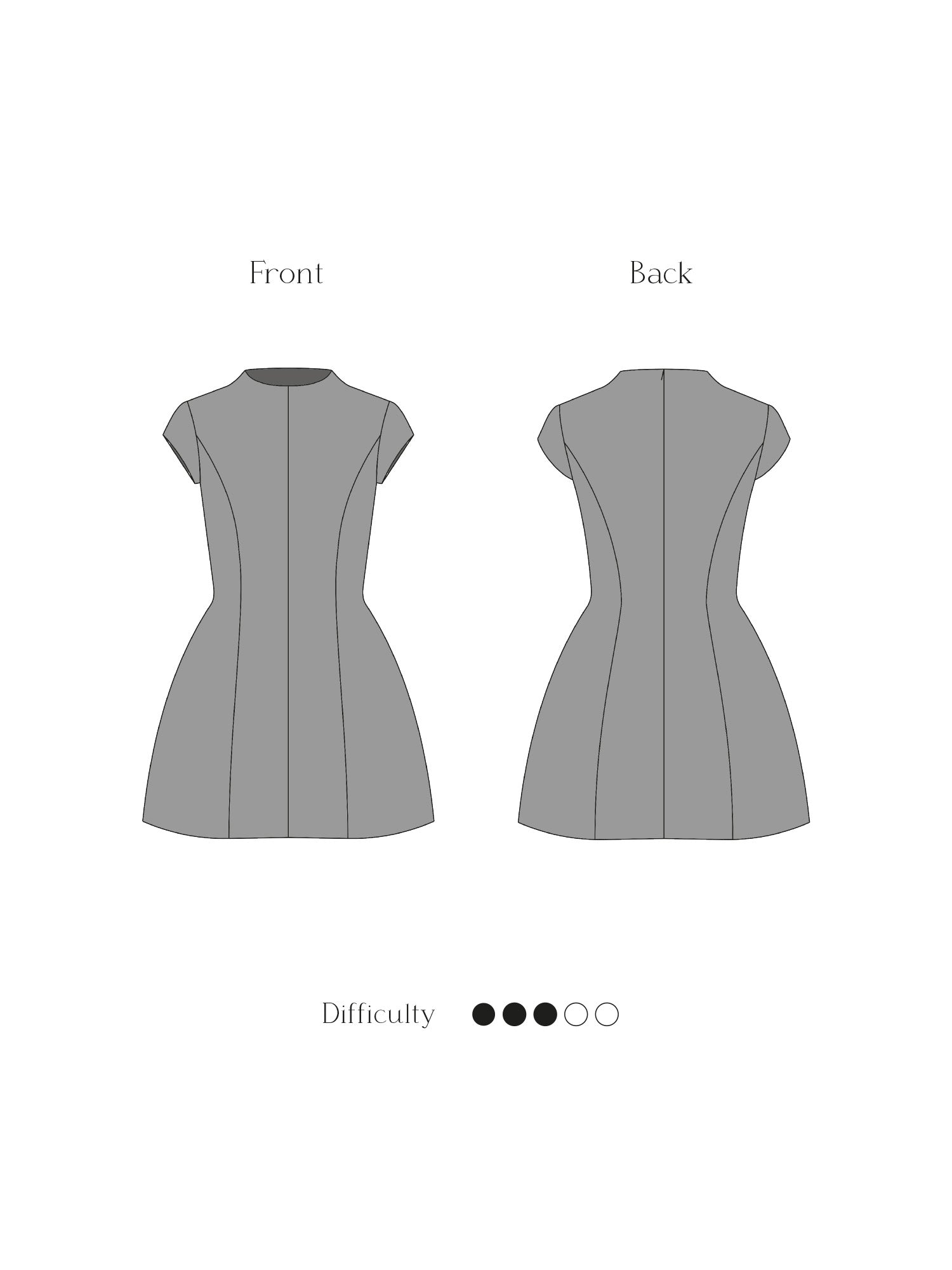 Technical drawing of the Signature Dress sewing pattern showing the front and back A-line silhouette with cap sleeves, high neckline, and structured seams.