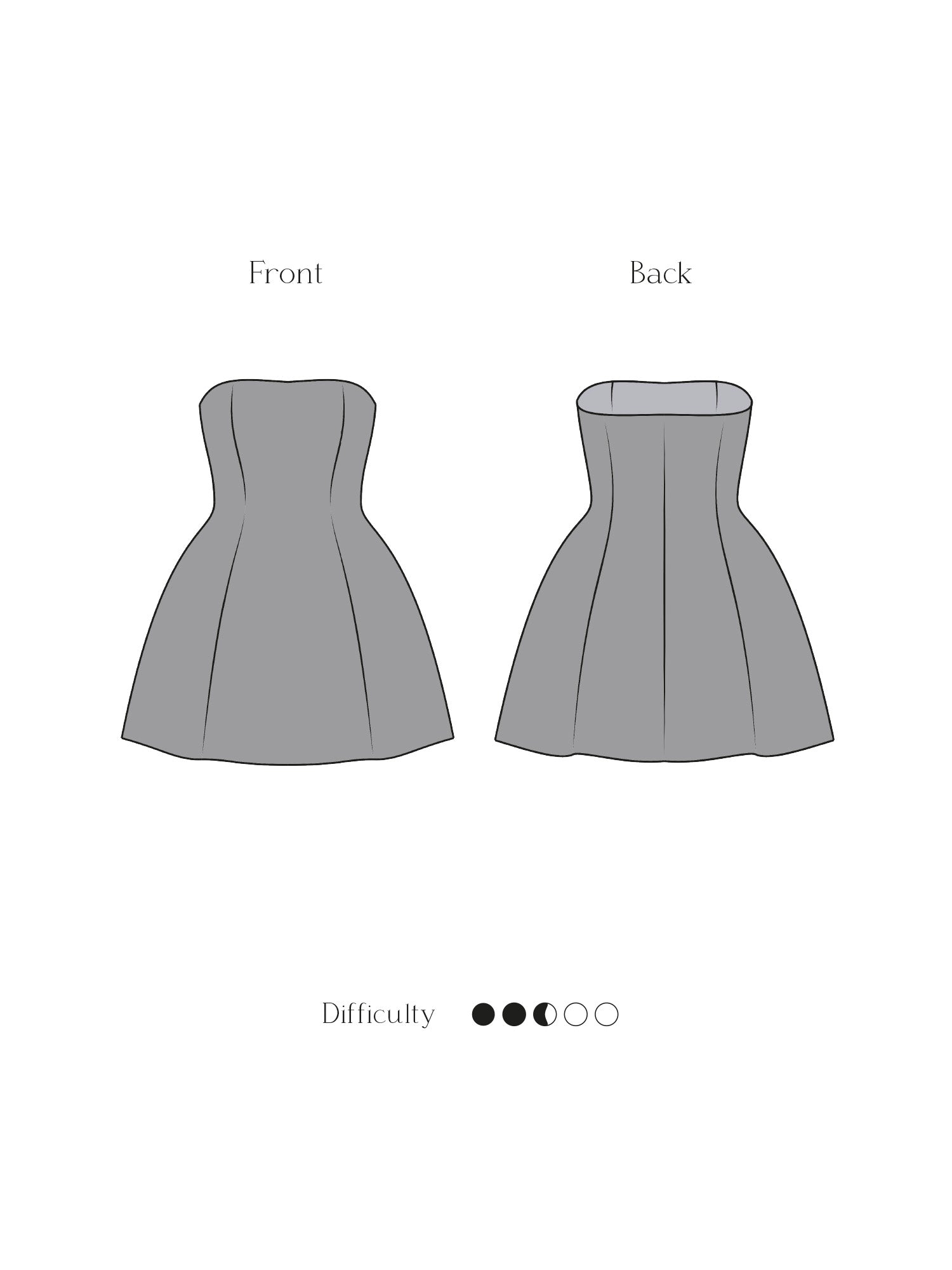 Technical drawing of the strapless mini corset dress sewing pattern, featuring a structured boned bodice, hourglass silhouette, and bell-shaped mini skirt.