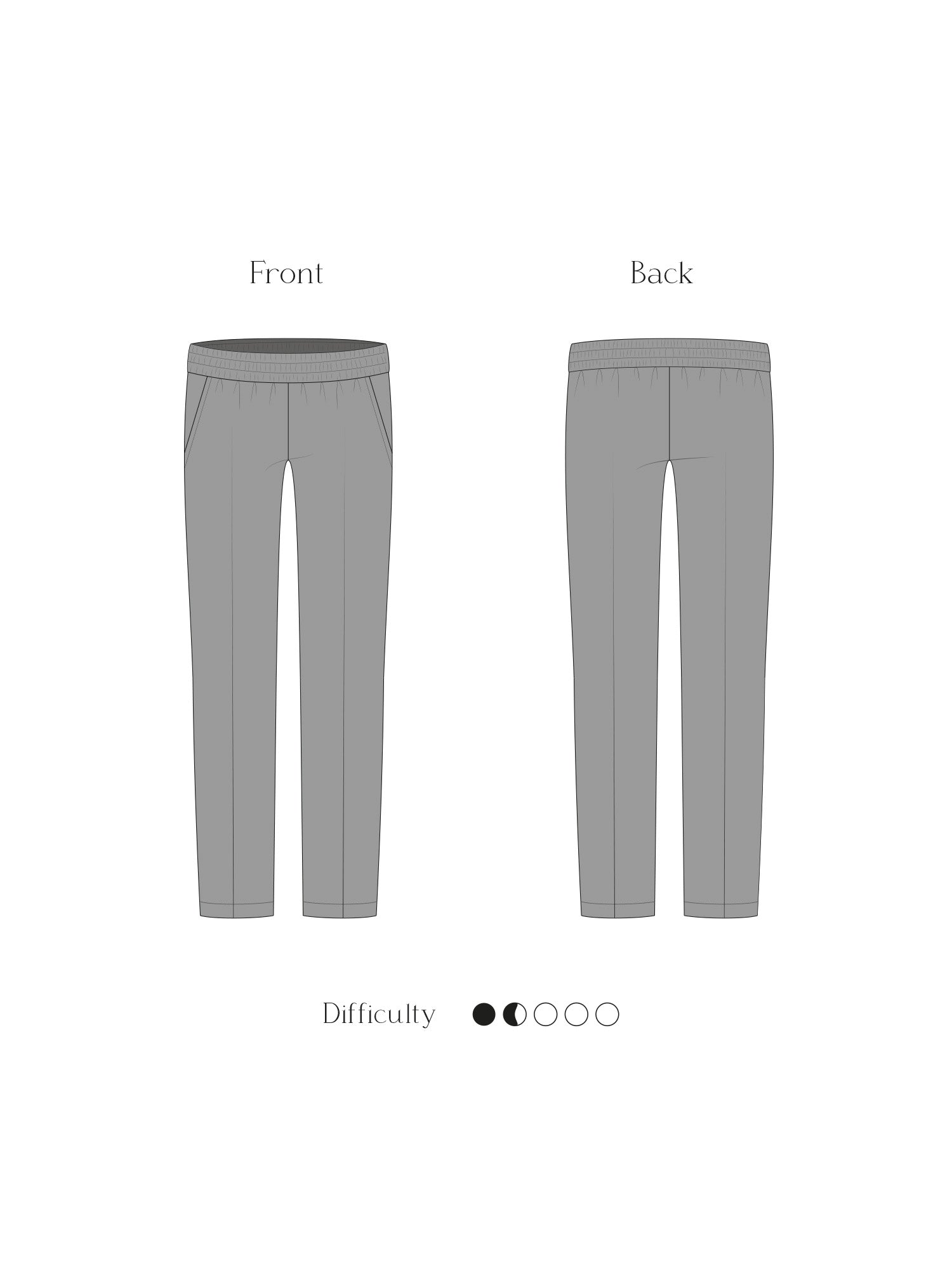 Technical drawing of the Go-To Trousers sewing pattern, showing the front and back views with an elastic waistband, diagonal pockets, and a relaxed fit.