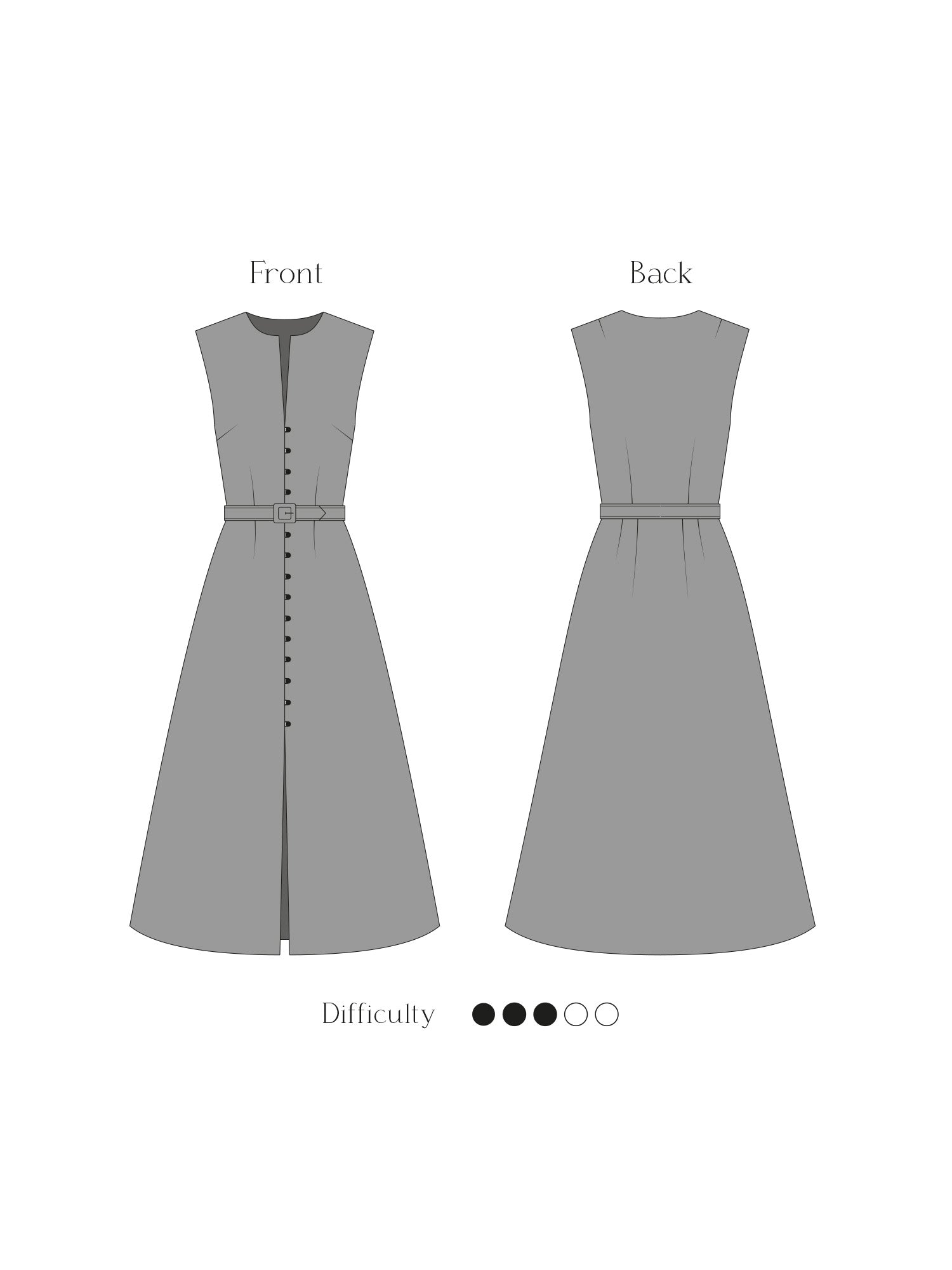 Technical drawing of a sewing pattern for a sleeveless midi dress with a V-neckline, button closures, a belt, and pockets.
