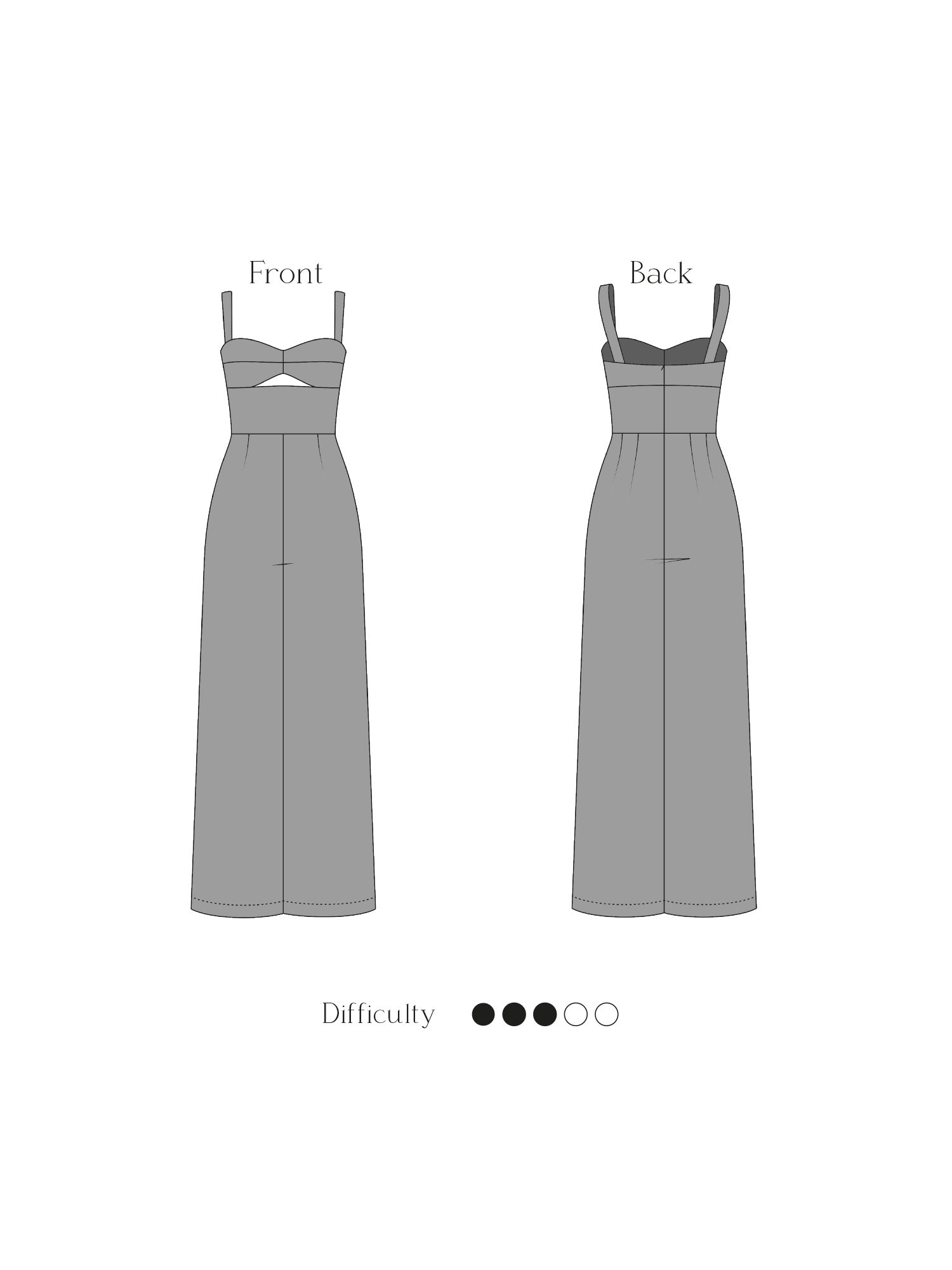 Technical drawing of the Jumpsuit Dress sewing pattern showing the bustier top with a keyhole opening under the bust.