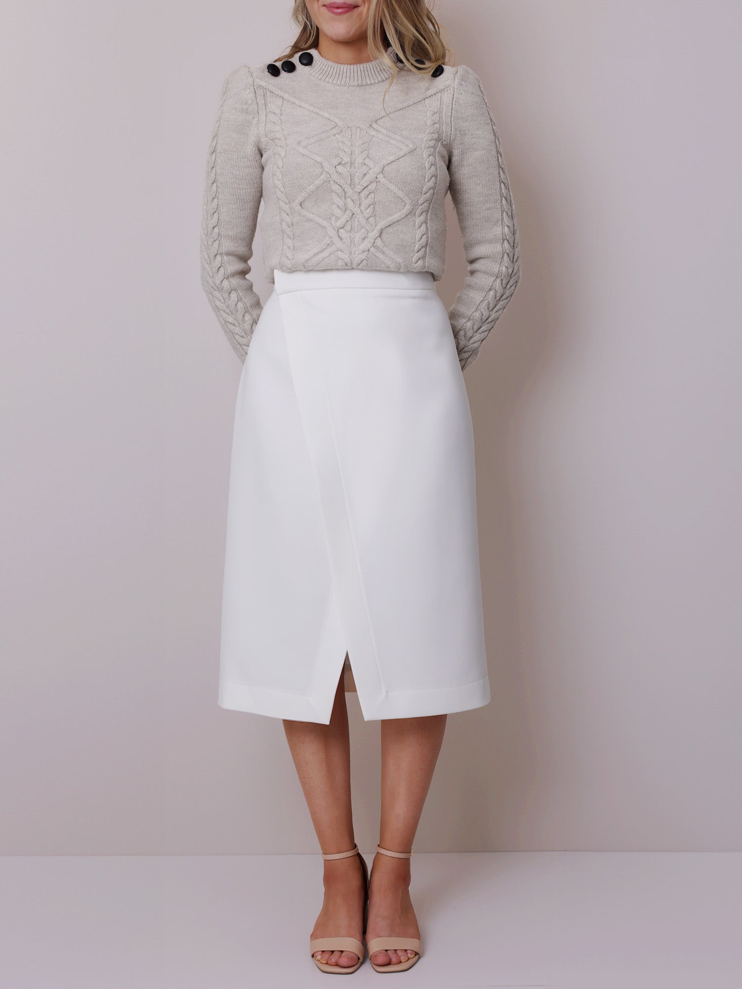 Front view of a midi wrap skirt sewing pattern
