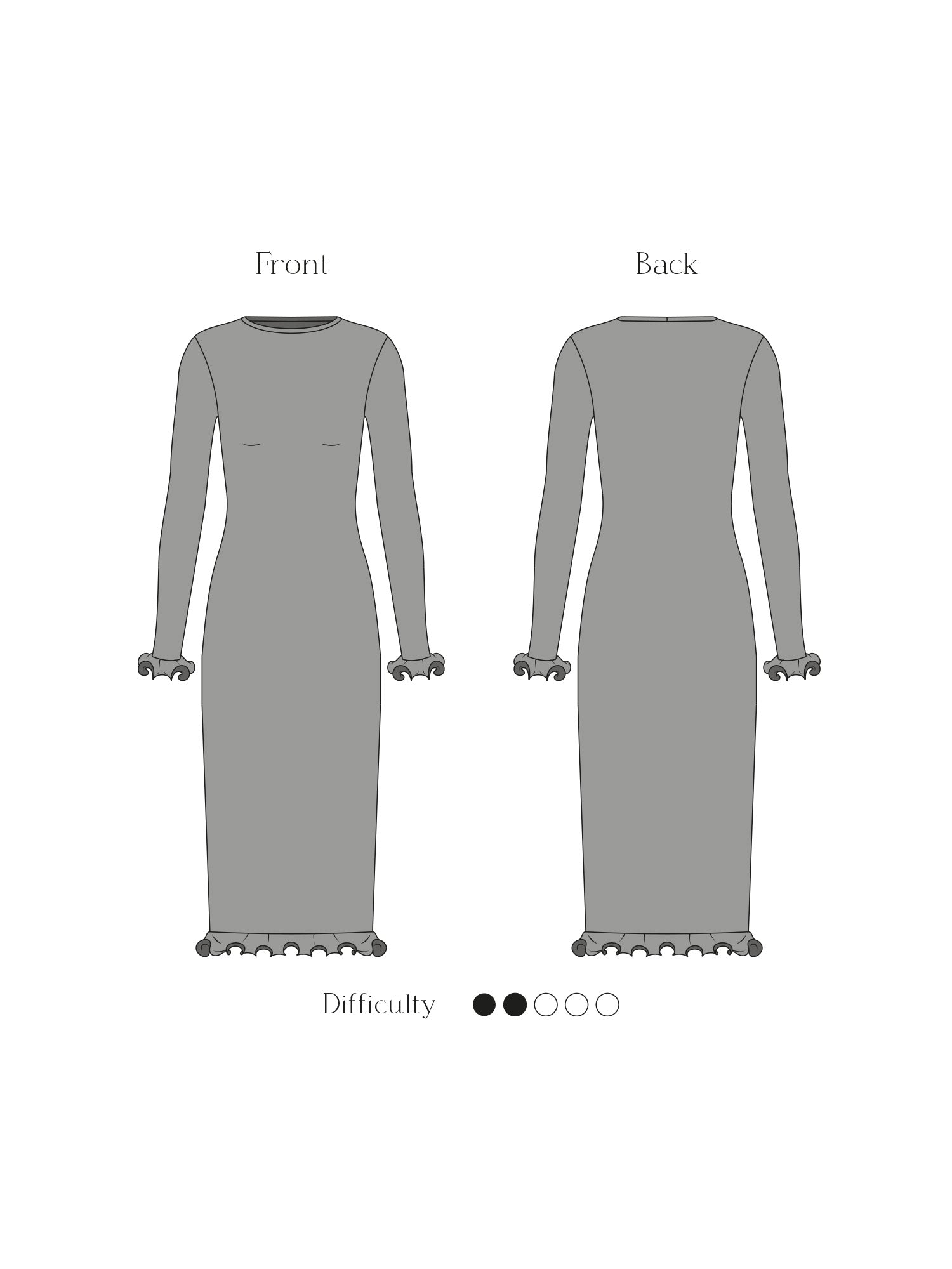 dress sewing pattern shown from front and back with difficulty level rating.